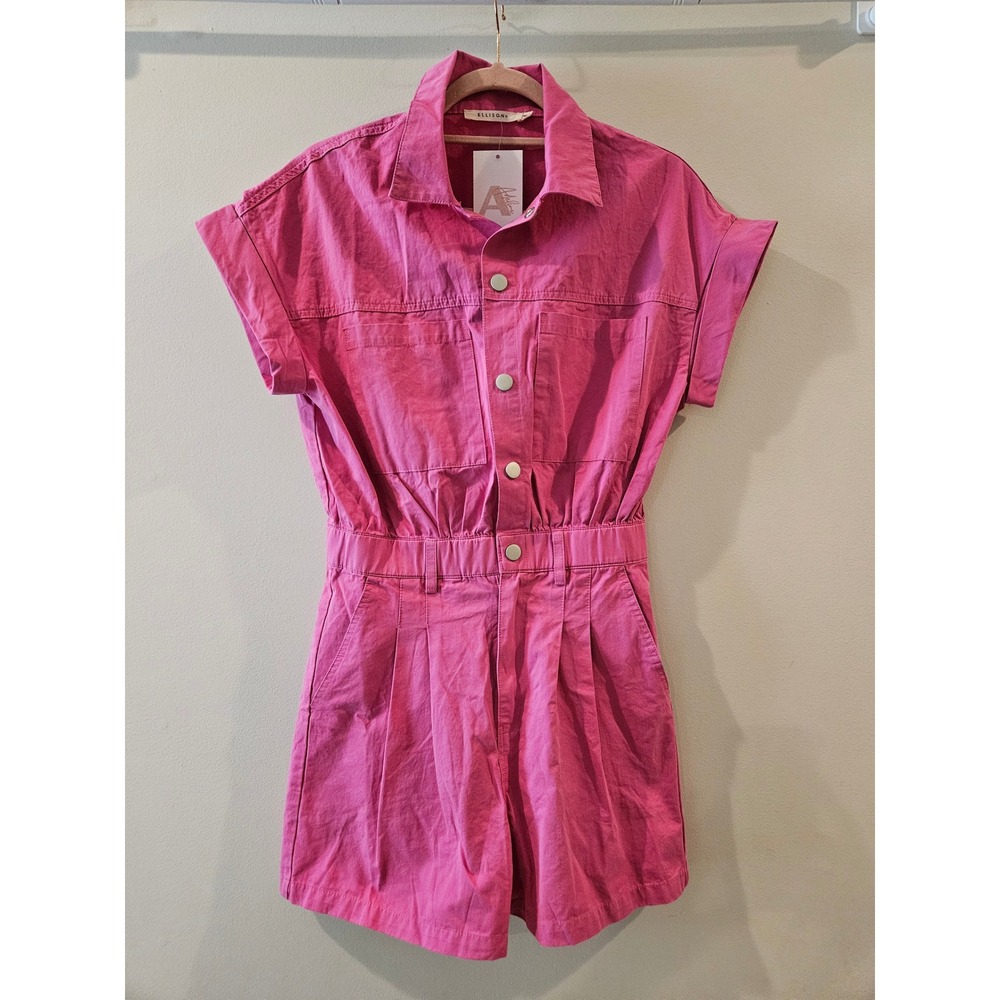 Ellison Snap Front Utility Romper Hot Pink Short Sleeve Womens Small NEW